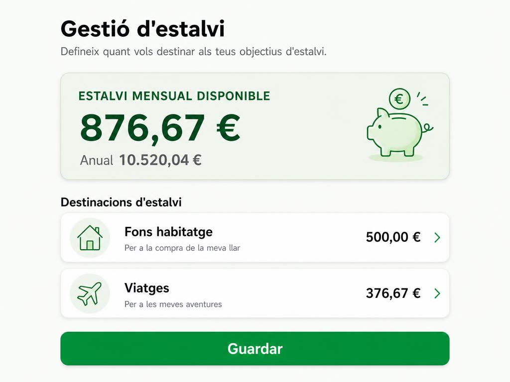 Pantalla de gestión de ahorro con destinos y botón de guardar